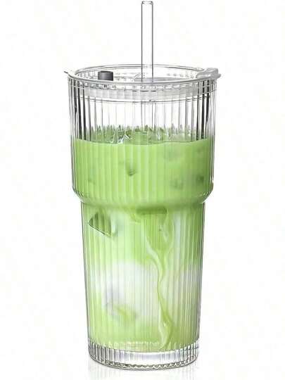 1pc 20oz Glass Cup With Lid And Glass Straw, Thick-Walled Ribbed Glass Cup For Iced Coffee, Smoothies, Cocktails And Juices - Vintage Durable Beverage Cup - 4pcs Coffee Bar Essential Dessert Cup With Lid And Straw