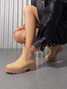 Women's Chelsea Ankle Boots Fashionable Low Heel With Lug Sole Platform And Featuring Detailed Sitching Slipon Design Includes Elastic Gore Insets And A Heel Loop Short Booties - Khaki - View 1