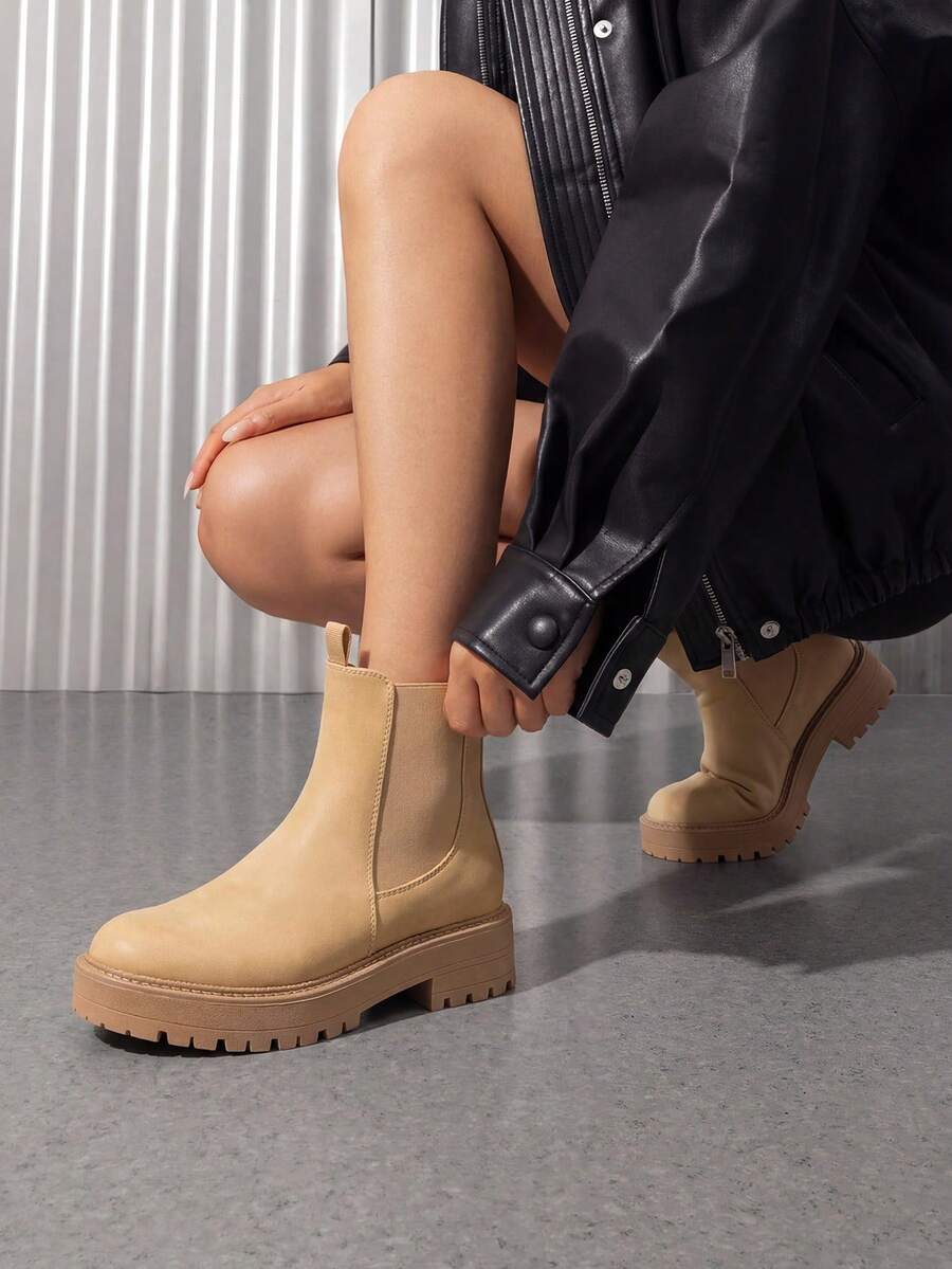 Women's Chelsea Ankle Boots Fashionable Low Heel With Lug Sole Platform And Featuring Detailed Sitching Slipon Design Includes Elastic Gore Insets And A Heel Loop Short Booties - Khaki - View 1