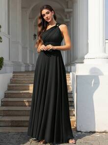 Volly Toych Elegant And Noble Black Chiffon Long Bridesmaid Dress, Sleeveless Asymmetric Neckline Ruched Twist Design, Suitable For Formal Occasions - Black - View 3
