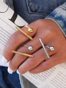 3pcs/1pc Set Stainless Steel Minimalist Bar & Ball Open Rings For Women – Two-Tone Gold & Silver Stackable Rings, Adjustable Wrap Design, Waterproof Hypoallergenic Jewelry, Perfect For Casual Daily Wear, Street Style, Party & Gift For Her - Multicolor - View 5