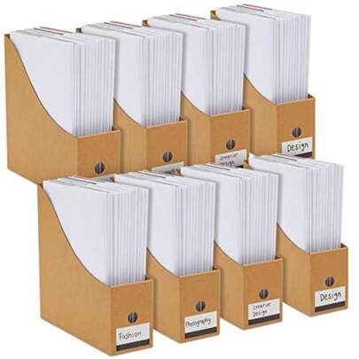 Juvale - Soporte para revistas de cartón corrugado 3.5 x 10.2 x 10.6 pulgadas café paquete de 8 unidades soporte para archivos de revistas y organizador de documentos con etiquetas extraíbles