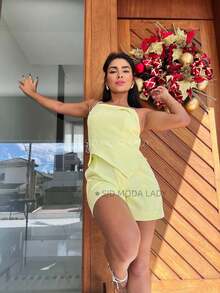 SJD MODA LADY Solid Tailored Set Chic Youth Asymmetrical Hem Top With Elastic Back Padding - Màu vàng - Xem 2