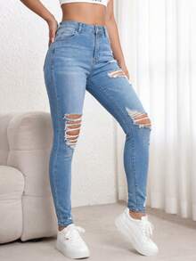 浅色水洗做旧高腰紧身牛仔裤，带有破洞细节，弹力街头风，适合春夏休闲、上学、派对穿着（Y2K朋克风） - 藍色 - 查看 3