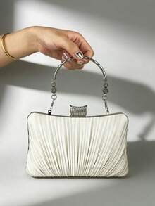 Pleated Satin Evening Clutch Ivory Rhinestone Clasp Formal Wedding Handbag With Decorative Handle - Apricot - View 1