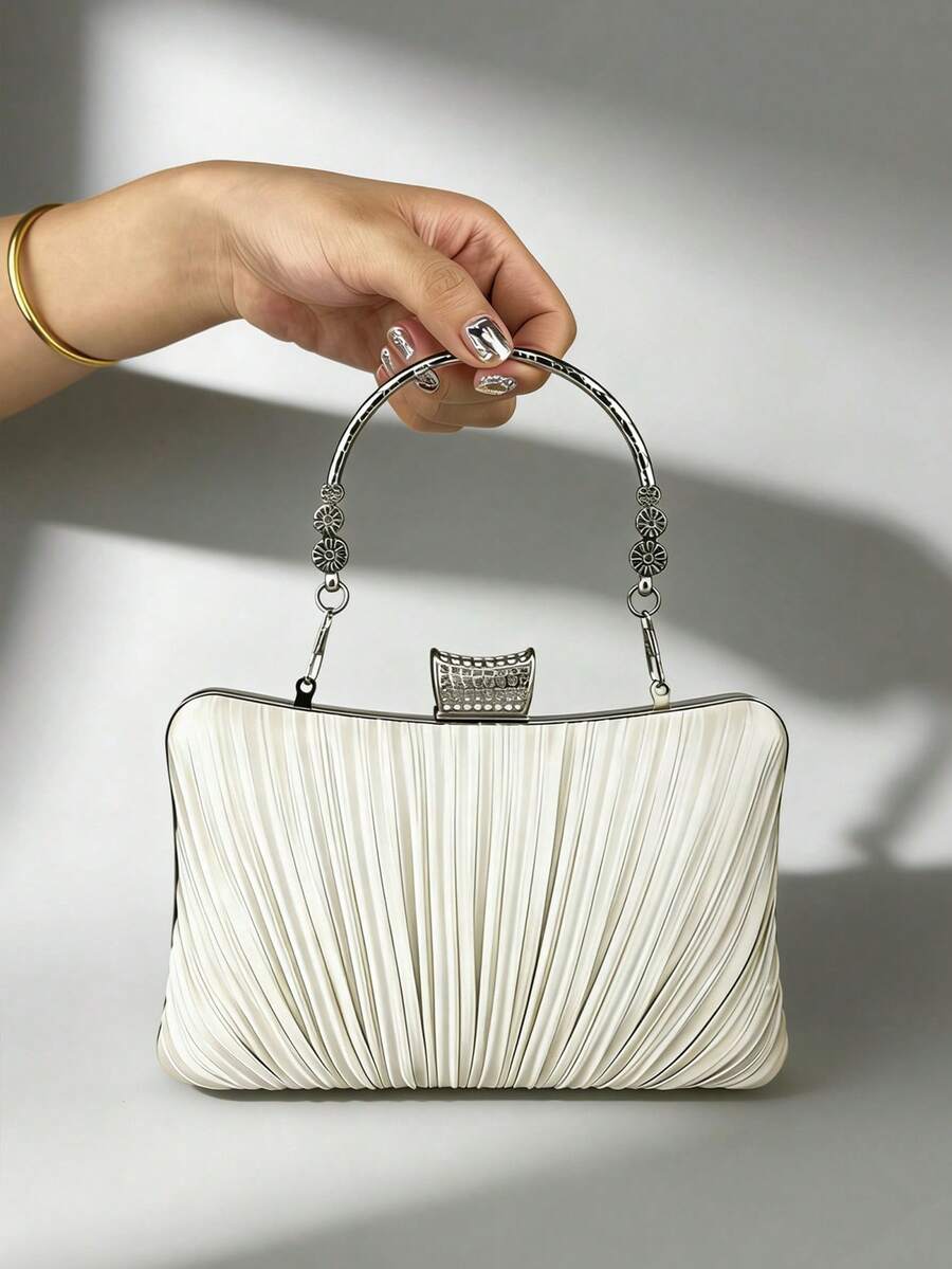 Pleated Satin Evening Clutch Ivory Rhinestone Clasp Formal Wedding Handbag With Decorative Handle - Apricot - View 1