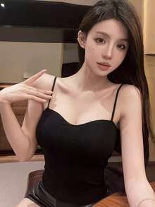 女士休闲简约吊带背心，夏季新款，带胸垫，修身款，黑色 - 黑色 - 查看 3