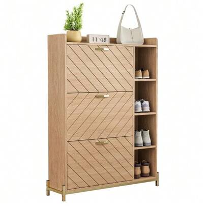 Nordic Style Shoe Cabinet With Hinged Lid, Oak Finish, Three Doors, Large Capacity, Ultra-Slim Entryway Cabinet, Open Side Shelves, Entryway Storage Unit.