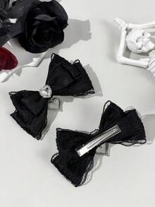 2 buah Jepit Rambut & Pin Kristal Hati Warna Gelap Pita Renda Gaya Gotik, Cocok untuk Pakaian Liburan dan Pemakaian Sehari-hari untuk Penggemar Gotik, Musim Panas, Perjalanan, Festival, Pesta - Hitam - View 3