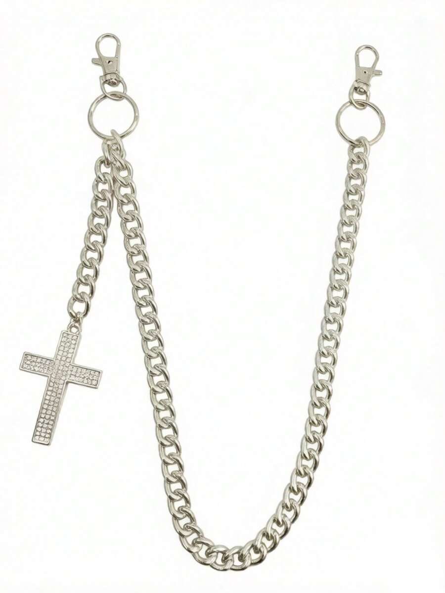 多元素交叉裤链，带龙虾扣吊坠的腰链，钱包链，复古链，双层链，嘻哈朋克风，牛仔裤链，口袋链，男士钥匙链 - 古銀色 - 查看 1