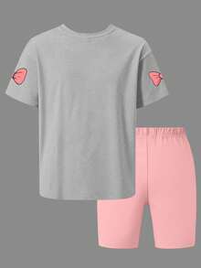 Bộ 2 món gồm áo thun và quần short họa tiết vịt hồng hoạt hình dễ thương - Trang phục mới cho bé gái mùa xuân/hè. - Xám - Xem 3