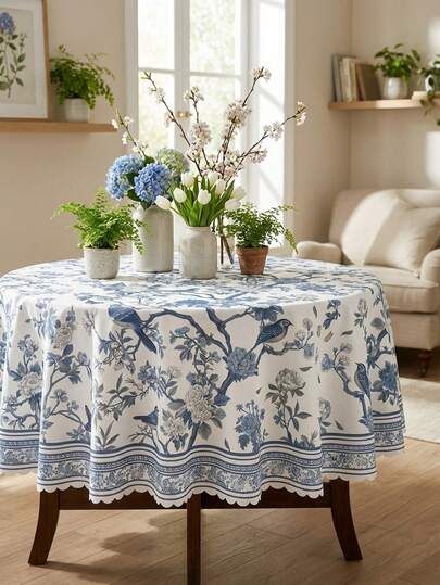 1pc Vintage Blue And White Rectangular Tablecloth, Classic Porcelain Floral Oriental Design, Polyester 100%, Machine Made Woven, Spring & Summer Farmhouse Decor, French Country Printed Table Cover