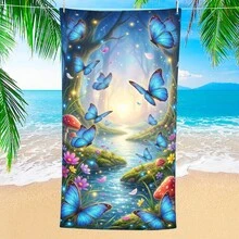 1条梦幻童话森林蝴蝶图案沙滩巾，超柔软超细纤维特大号沙滩毯，超强吸水浴巾，适合旅行、游泳池、潜水、冲浪、瑜伽、露营，多种尺寸可选，沙滩配件 - 森林蝴蝶 - 查看 2