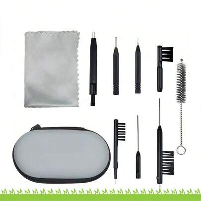 Bộ dụng cụ vệ sinh máy trợ thính, bao gồm vòng lấy ráy tai và bàn chải từ tính dùng để vệ sinh nút tai và máy trợ thính.