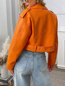 Women's Solid Color Minimalist Casual Zip-Up Short Jacket - Orange New - View 9