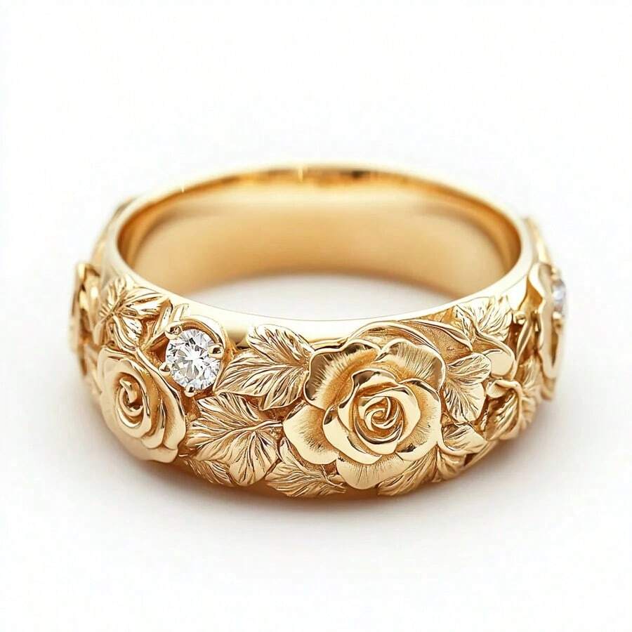 波西米亚风格黄金花叶图案戒指，镶嵌闪亮立方氧化锆石，适合作为结婚戒指、订婚戒指或周年纪念戒指。 - 金色 - 查看 1