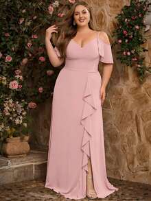 Women Plus Size Solid Color Elegant Mature Chiffon Bridesmaid Dress, Evening Party Dress For Wedding Guest, Maid Of Honor, Spring/Summer/Autumn Pink - Pink - View 10