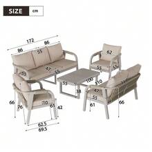 Garden Set For 7 People, Including A 3-Seater Sofa, A 2-Seater Sofa, 2 Armchairs And A Coffee Table. Glass Top, Galvanized Iron Frame, Braided Rope Design, Grey. - Beige - View 3