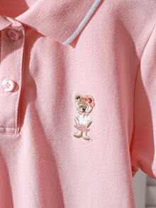 Polo de manga corta para niñas, nuevo diseño de estampado de oso estilo coreano, parte superior versátil - Rosa - Ver 4