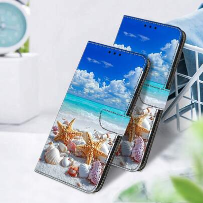 GLANDOTU Beach Starfish & Seashell Print PU Leather Wallet Phone Case With Card Holder Stand & Lanyard Suitable For A Wide Range Of Mobile Phone Brands And Models