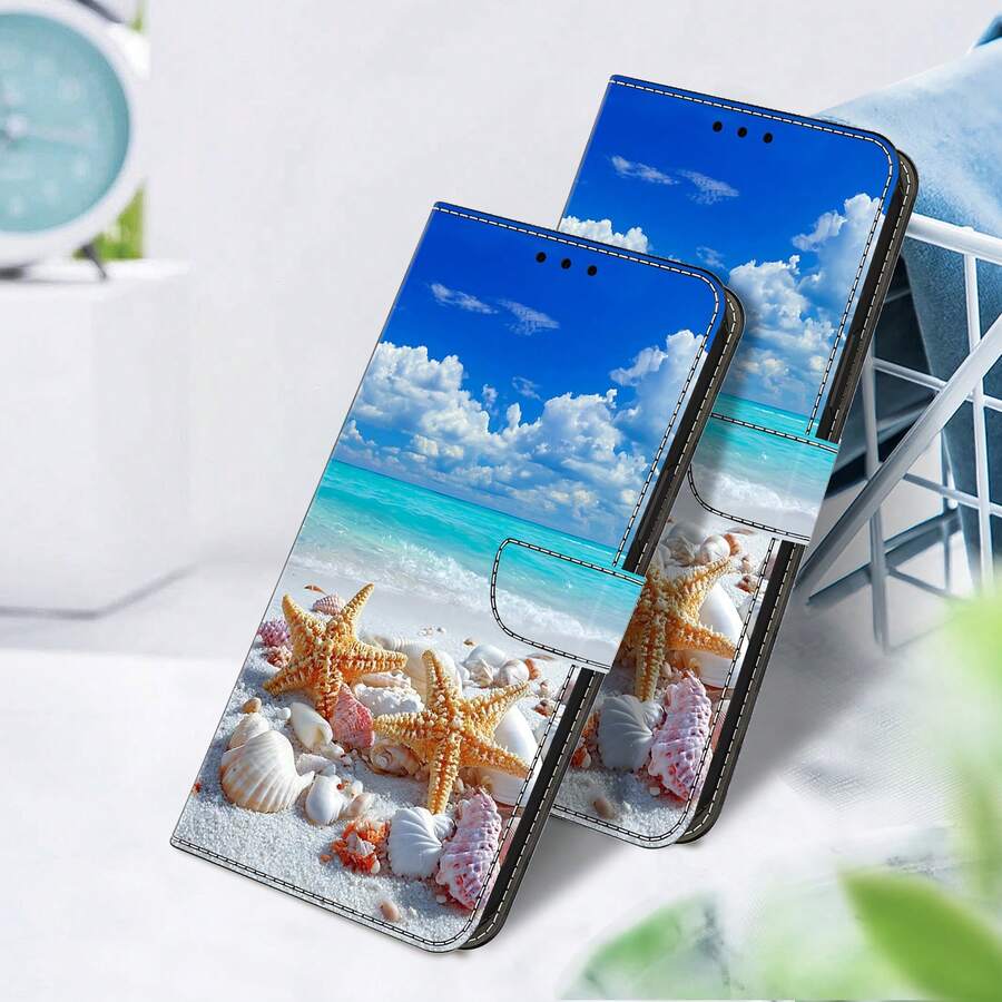 GLANDOTU Cartera de teléfono de cuero PU con estampado de estrella de mar y concha, con ranuras para tarjetas, soporte y cordón, se adapta a múltiples marcas y modelos de teléfonos - Multicolor - Ver 1