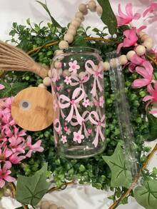 Pink Bow Matcha Glass Straw Cup, Matcha Straw Cup, Afternoon Tea Juice Straw Cup, High Borosilicate High Temperature Baked Printed Washable, Bottle-Shaped Bow Decor Glass Straw Cup - Best Gift Choice For Women! - Multicolor - View 2