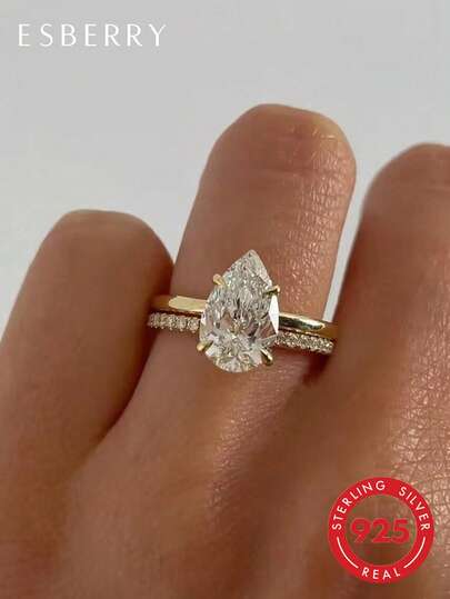 ESBERRY خاتم فضة إسترليني 925 أنيق بتصميم فريد من 4 مخالب، خاتم خطوبة فردي، هدية مجوهرات للنساء، هدية خطوبة، هدية حفلة