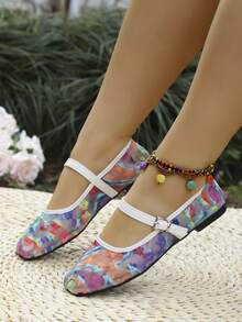 女士平底鞋，镂空网面单带搭扣休闲优雅夏季方头透气极简芭蕾舞鞋，新品上市 - 彩色 - 查看 2