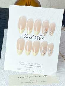 10pcs Handmade Nude Pink & Cream Yellow French Glitter Rhinestone Nail Stickers Set (XS/S/M/L): Nude Pink Base With Cream Yellow French Tips, Accented With Silver Glitter And Colorful Rhinestones, Delicate And Shimmery Texture, Suitable For Daily Commute And Semi-Formal Occasions, Reusable Press On Nails - Champagne - View 4