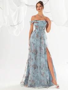 VIPGIRL Sheer Mesh Cutout Shoulder Floral Print Blue Evening Gown - Baby Blue - View 3