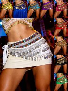 Luxury Rhinestone Embellished Coin Tassel Belly Dance Hip Scarf Women's Tie Waist Mini Hip Wrap For Rave Festival Parade Nightclub Stage Performance Outfit Accessory (Multiple Colors Available) - Multicolor - View 2