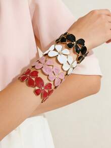 VceTd 1件装时尚甜美度假风花朵手镯，多色珐琅花卉开口手镯，金属宽开口手镯，适合女性日常通勤或度假佩戴，情人节浪漫礼物，时尚配饰 - 金黃色 - 查看 6