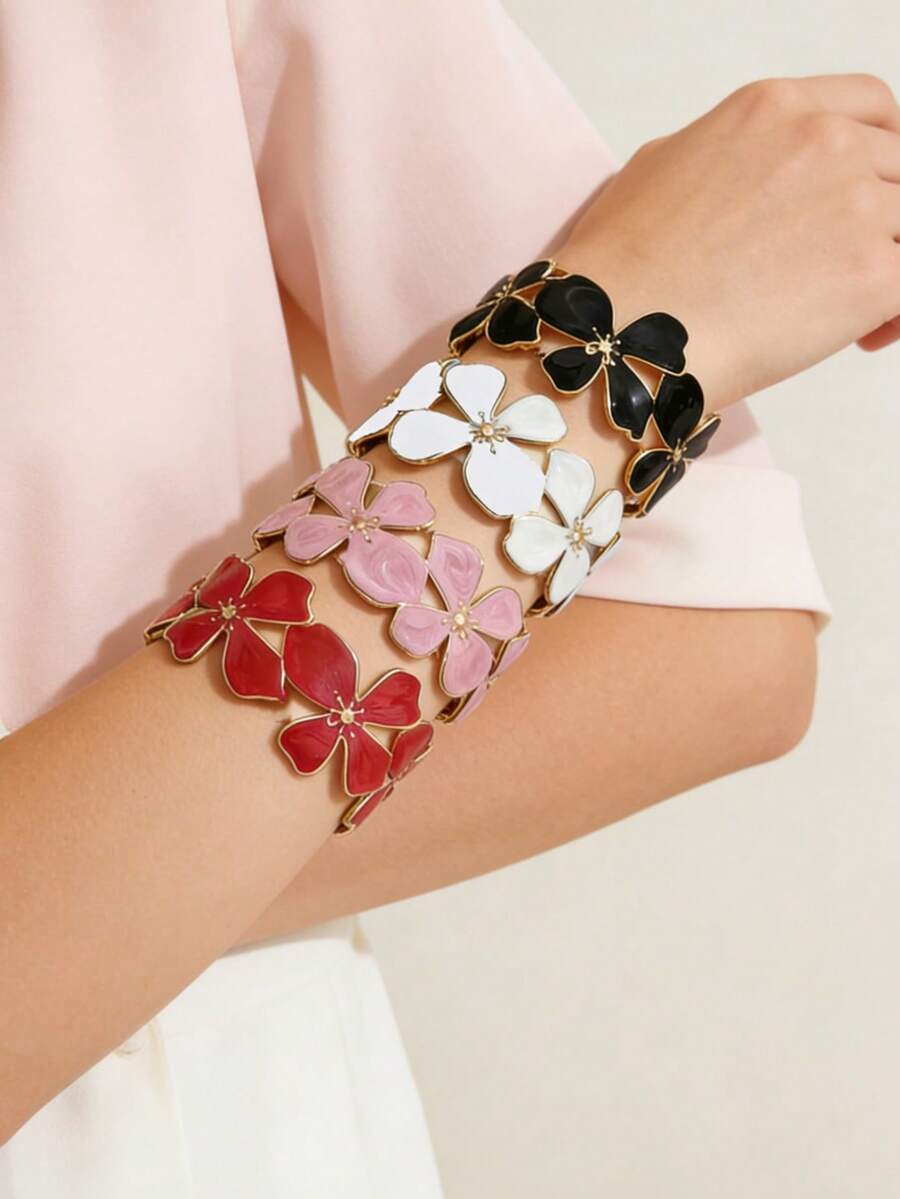 VceTd 1件装时尚甜美度假风花朵手镯，多色珐琅花卉开口手镯，金属宽开口手镯，适合女性日常通勤或度假佩戴，情人节浪漫礼物，时尚配饰 - 金黃色 - 查看 1