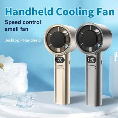 2pcs Handheld Fan Handheld Fan High-Speed Portable Turbofan USB Rechargeable Electric Fan With Digital Display Support 120-Speeds Infinitely Adjustable For Camping Travel Home Office, Gold