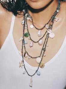 1 Set de Accesorios de Collar Colgante con Estrella de Mar y Concha Multicapa de Estilo Lujoso y Casual de Vacaciones para Mujeres - Collar de vacaciones de varias capas - Ver 1