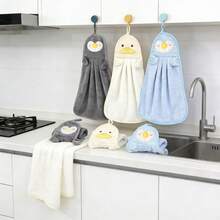 1 Stück Korallenfleece Pinguin & Ente Dreifarbig Badezimmer Handtuch zum Aufhängen, Cartoon Handtuch, hochsaugfähiges, schnell trocknendes Küchen-Handtuch zum Aufhängen - Verschiedenfarbig - Übersicht 1
