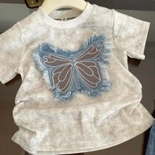Kids Young Girls Butterfly Patch Short Sleeved T-Shirt+Denim Skirt Two-Piece Set - Grey - View 3