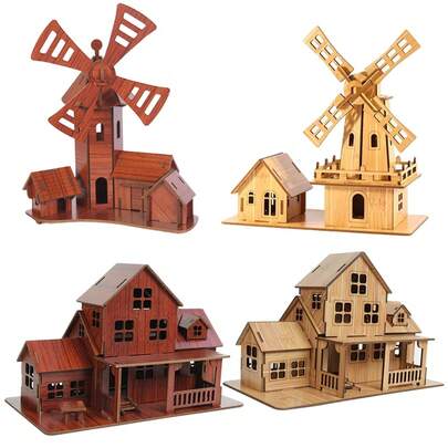 Wooden 3D Puzzle DIY Kits - Windmill & Cottage Building Sets For Kids & Adults, Educational STEM Toys, Creative Handmade Craft, Home Decor Models, Interactive Assembly Toys