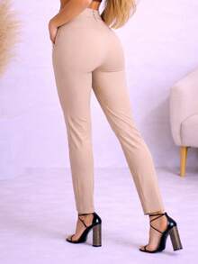 Women's Tailored High-Waisted Trousers With Shaping Belt, Straight Leg, Modern, Slim Fit, Elegant, Premium, Casual, Chic, Party Style - 米色 - 查看 3