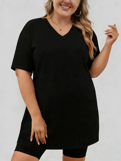 SUPEKYKO Plus Size Women's Plus Size Gym T-Shirts Short Sleeve Side Split V-Neck Plus Size Casual Summer Workout Tops Streetwear Aesthetic Basic Tee