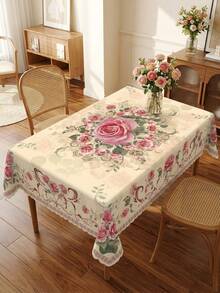 1 pieza Mantel de poliéster rosa vintage con estampado de rosas, hojas y flores - Cubierta rectangular tejida a máquina, ideal para fiestas de primavera y verano, interiores y exteriores, decoración de estilo granja - Multicolor - Ver 10