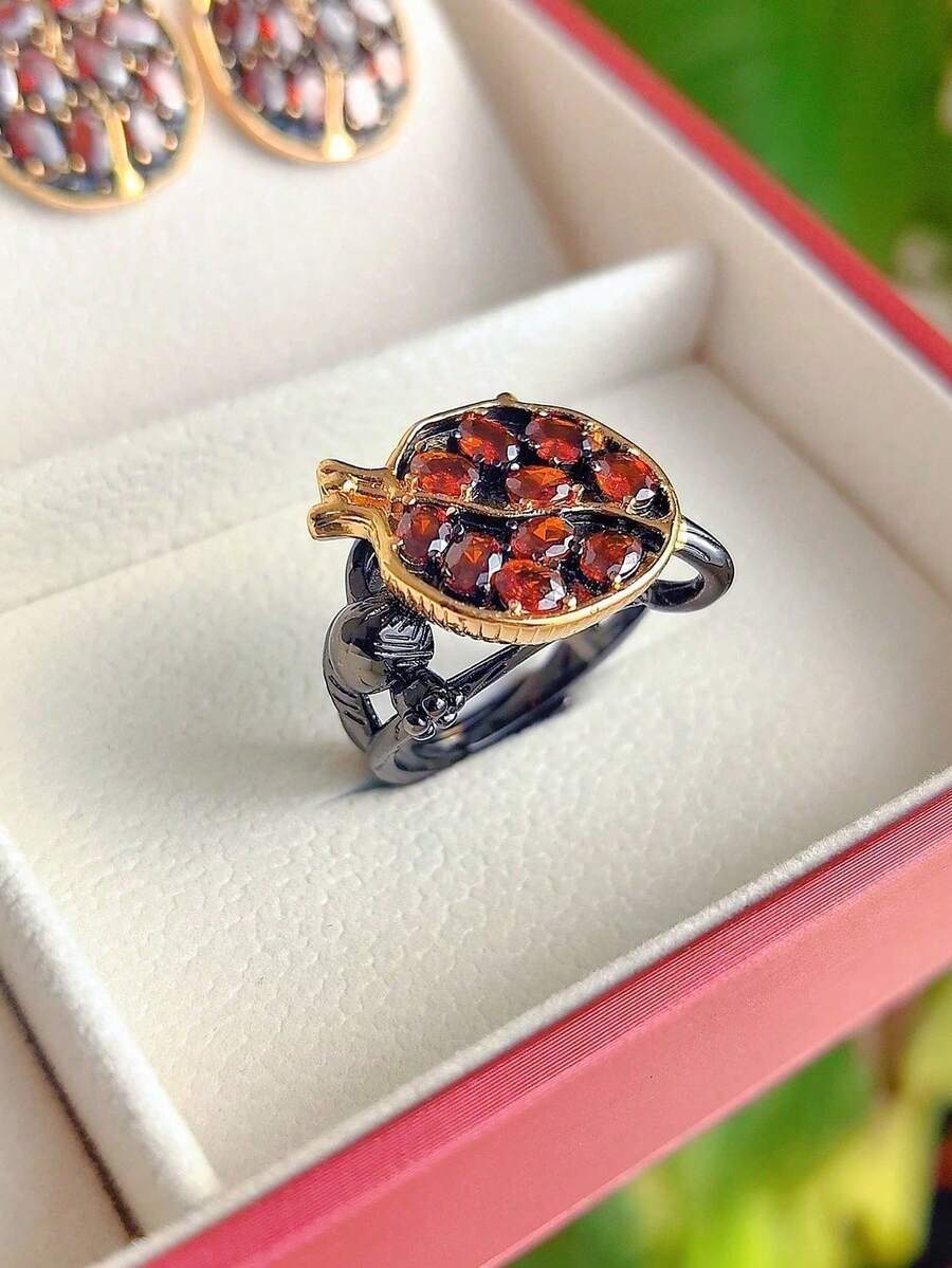 1pc Vintage Gun Design Black Ring Inlaid With Faux Garnet Stones - Gun Black - View 1