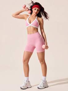 TCVC Spring/Summer New 2 Pieces Set, Women Seamless High Elasticity Sports Bra And Shorts - Pink - View 7