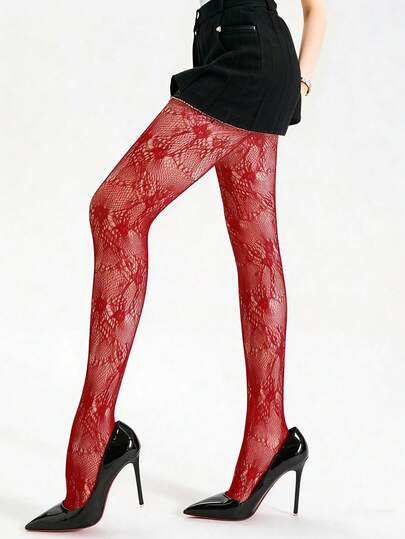 1 Pair Burgundy Fishnet Tights With Floral Jacquard Sexy Flower Pattern Net Stockings For Bar & Party Rave Daily Wear