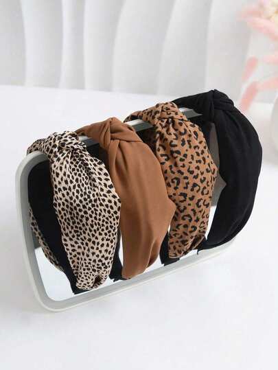 1pc Leopard Print & Solid Color Casual Retro Polyester Headband Knotted In The Middle Wide Hair Hoop, Suitable For All Seasons,Hairband,Hair Hoop Headbands