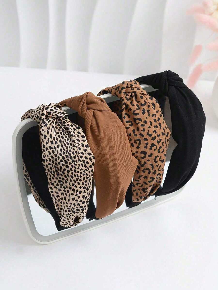1 chiếc băng đô xoắn bằng polyester kiểu retro, họa tiết da báo và màu trơn, phù hợp cho mọi mùa, phụ kiện tóc khi đi du lịch.