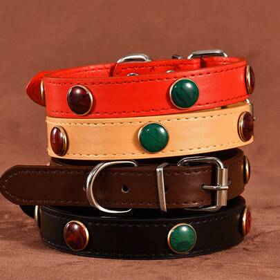 1件可调节真皮宠物项圈，配有红绿宝石吊坠，适合小型、中型和大型犬，复古风格猫项圈，饰有串珠。