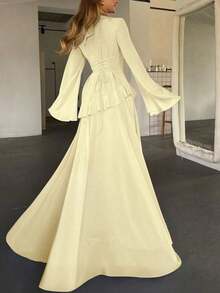 [Spring/Summer Style] Best-Selling New Arrivals -Women's Elegant Ruffle Trim Tie-Waist Flare Sleeve Dress, Spring/Summer - Vàng nhạt - Xem 6