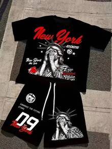 Men's Y2K Hip-Hop 2pcs Set, "New York" Liberty Statue Graphic Tee & Matching Shorts Co-Ord, Oversized Casual Streetwear Outfit, Summer Daily Wear - 黑色 - 查看 1