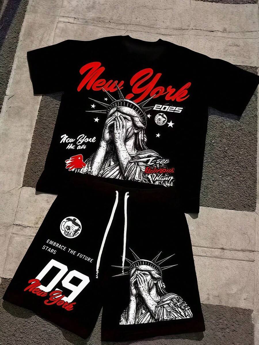 Men's Y2K Hip-Hop 2pcs Set, "New York" Liberty Statue Graphic Tee & Matching Shorts Co-Ord, Oversized Casual Streetwear Outfit, Summer Daily Wear - 黑色 - 查看 1